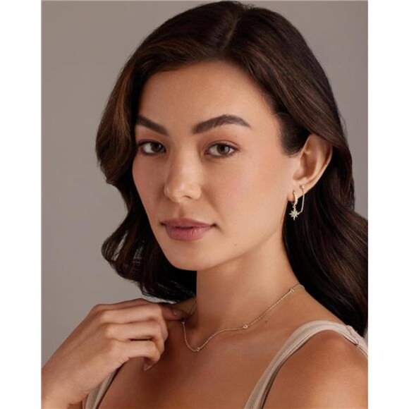 14K Gold Chain Earrings Double Piercing Dangle Hoop CZ Pearl Stud Earrings Women - Picture 4 of 6